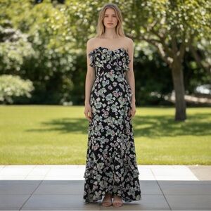 NWOT Aidan Mattox Strapless Black Floral Flounce Ruffle Hi-Low Maxi Dress US 4